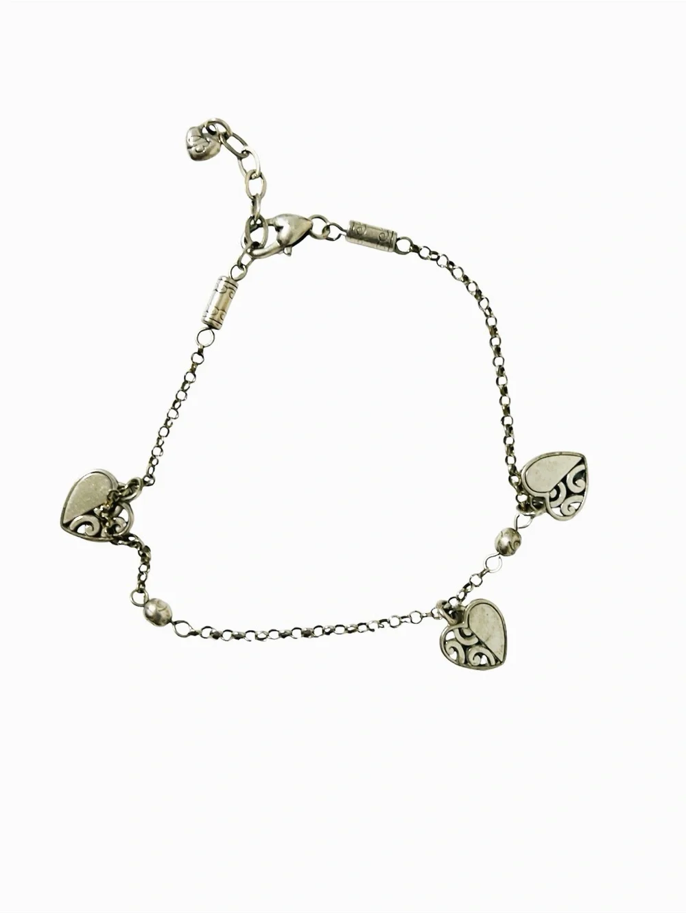 Brighton Filigree Heart Anklet Silvertone Cable Chain Scrollwork Heart Charms - Picture 2 of 6
